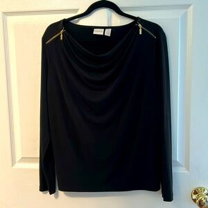 Black silky Chico blouse, with gold zipper shoulder detail, size 1